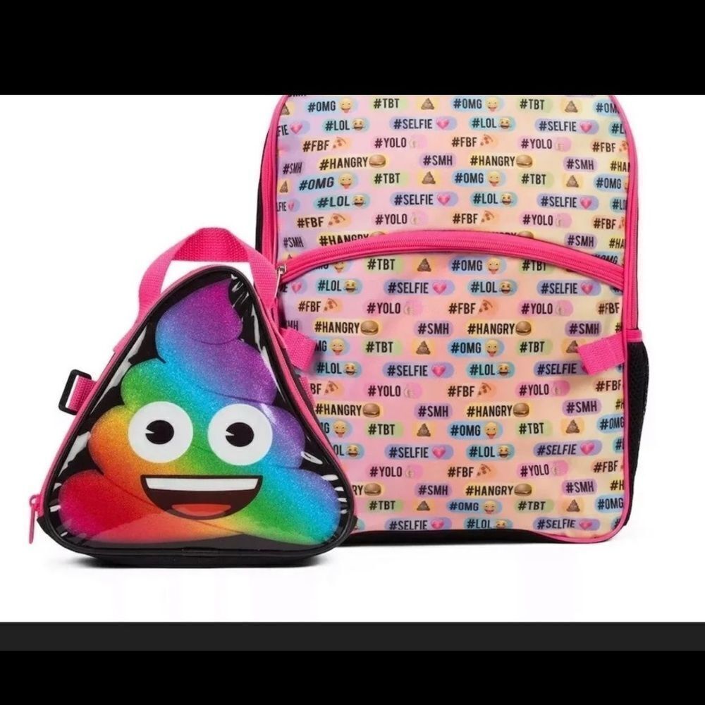 NEW Kids Girls Rainbow Emoji Backpack and Lunch Box Set.